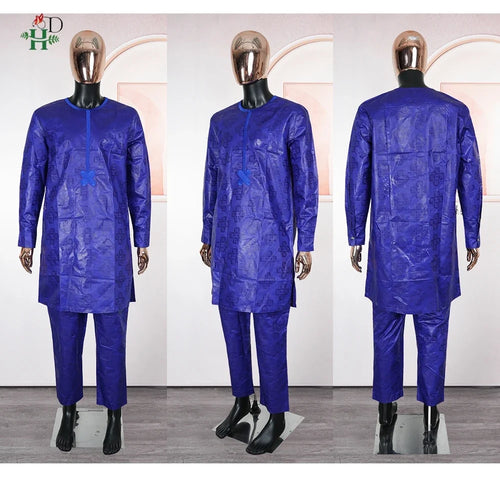 Men's African Traditional 3PCS Outfit  Blue Bazin Riche Agbada Embroidered Robe