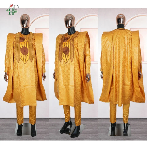 African Men Traditional Embroidery Bazin Riche Dashiki Yellow Shirt Pants 3PCS Bubu Dress Suit