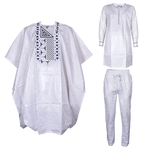 African Clothes for Men Traditional Rich Bazin Original Embroidery White Clothing Men 3 PCS Set Wedding Party Occasion 2024
