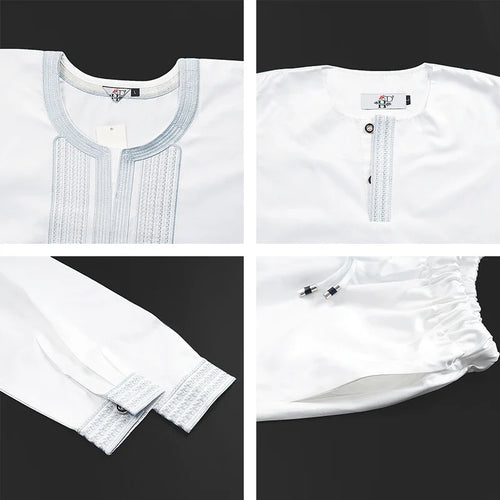 Boys White Blue Long Sleeve Tops Embroidery Dashiki Robe Shirt And Pant Set 3 PCS