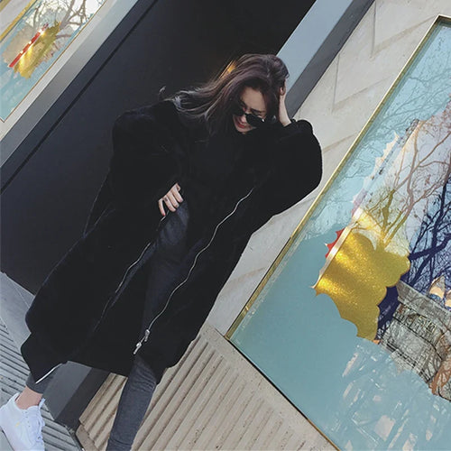 Winter Faux Fur Fashionable Hooded Cotton Long Plush Fleece Temperament Loose Jacket for Women