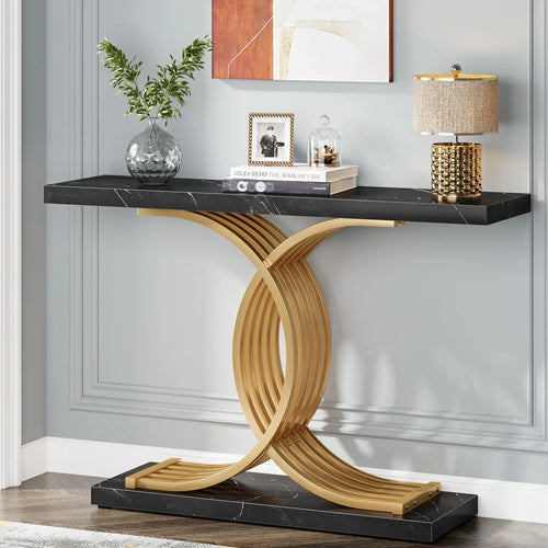 Gold Entryway Table, Modern 39-Inch Console Faux Marble Narrow Wood Sofa with