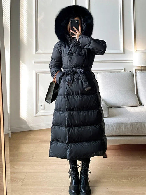 Winter Women's Ultra Light Warm Faux Fur Parka with Hooded Long Duck down Jacket White with Fur Collar Casual Snow Coat