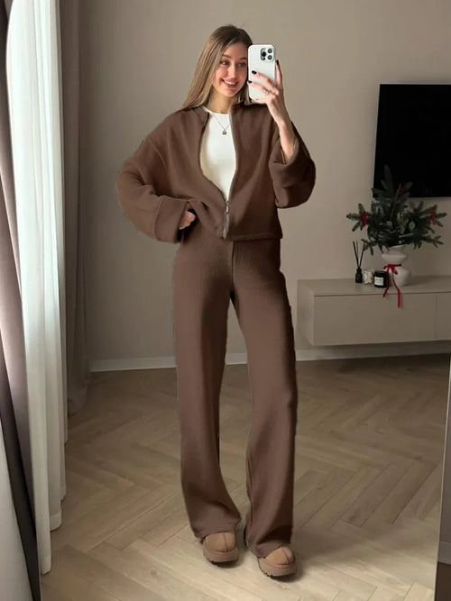 Women's Zip up Jacket And Wide Leg Pants Set Soft Knit Loose Long Sleeve Autumn Winter Casual Sweater Outfit