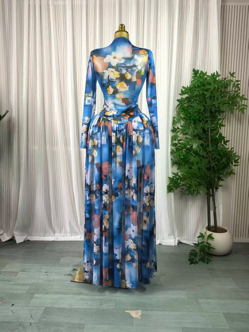 Women leaf Print patchwork smock Midi A-line Long Maxi Elegant Evening Dresses