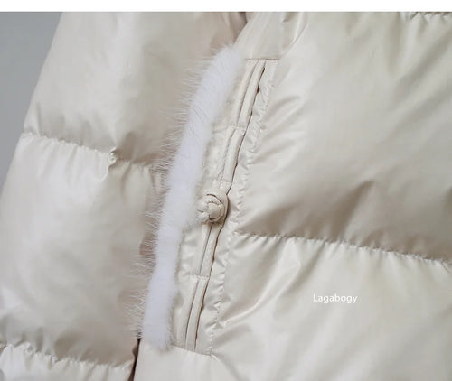 Women's White Duck down Jacket 2025 Winter Collection Real Faux Fur Collar Hair Puffer Coat Vintage Street wear