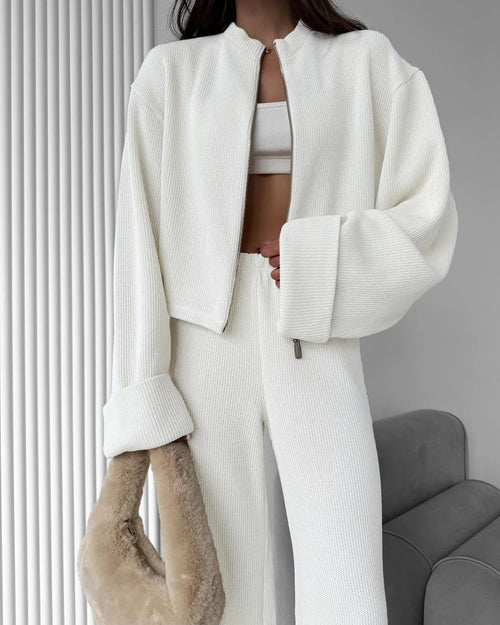 Women's Zip up Jacket And Wide Leg Pants Set Soft Knit Loose Long Sleeve Autumn Winter Casual Sweater Outfit