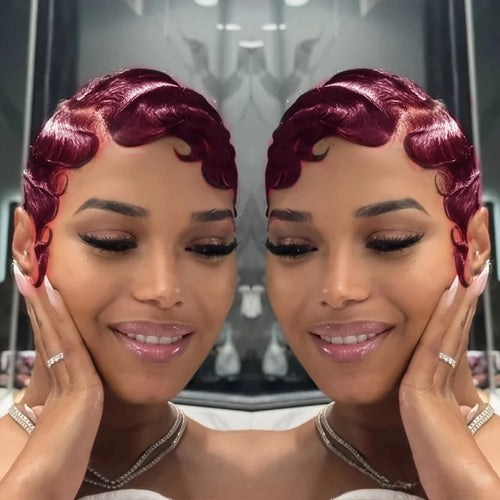Finger Wave Brazilian Remy Human Hair 13x4 Lace Front Wig 180% Density Pixie Cut for Natural Look  Black 99j wig