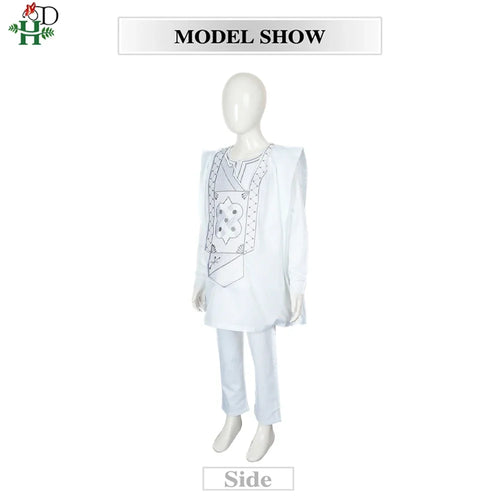 Boys White Blue Long Sleeve Tops Embroidery Dashiki Robe Shirt And Pant Set 3 PCS