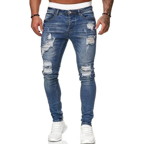 2025 New Fashion Street Style Ripped Skinny Jeans Men Vintage wash Solid Denim