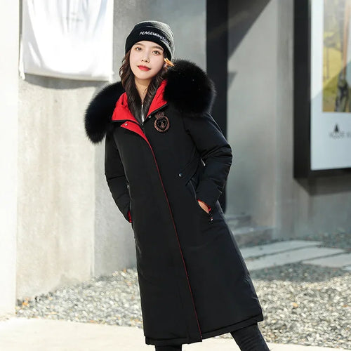 Women's Double-Sided Color Block Parka Winter Jacket with Big Fur Collar Hooded Zipper Pockets Long Sleeve Casual Overcoat