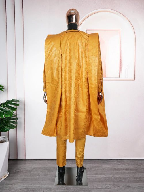 African Men Traditional Embroidery Bazin Riche Dashiki Yellow Shirt Pants 3PCS Bubu Dress Suit