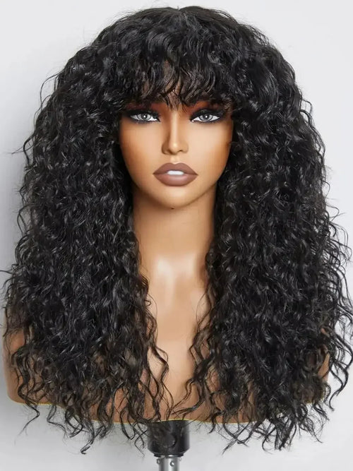 100% Human Hair Wigs with Bang Full Wig Brown Black Highlight Water Wave