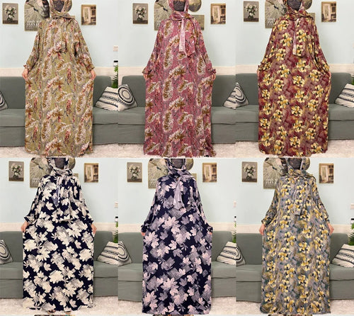 Women's Traditional Floral Ramadan Muslim Cotton Abayas Garment with attached Headscarf