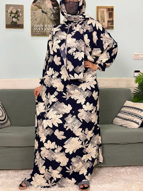 Women's Traditional Floral Ramadan Muslim Cotton Abayas Garment with attached Headscarf