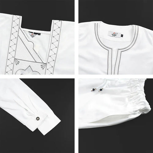 Boys White Blue Long Sleeve Tops Embroidery Dashiki Robe Shirt And Pant Set 3 PCS