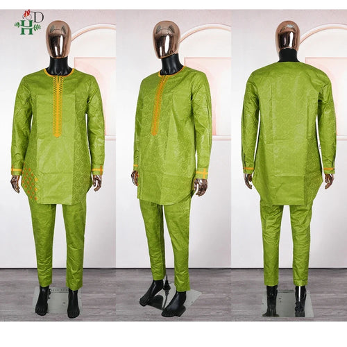 Men's Traditional Agbada 2PCS Green Bazin Riche Shirt and Pant