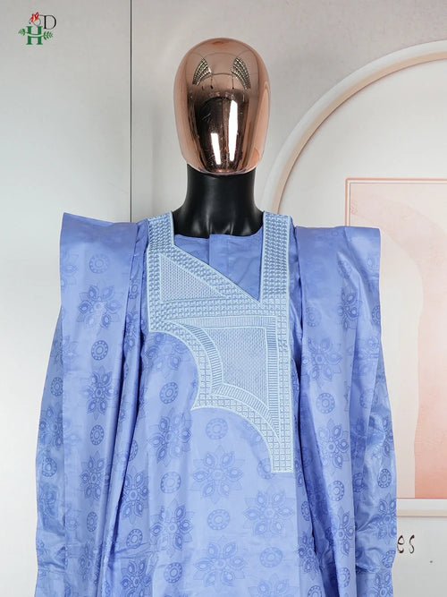 African Embroidery Blue Gown  Men Elegant Thobe 3 PC Top and Pants Suits Set