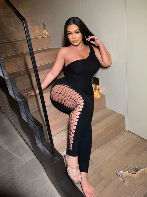 Women's Sexy One-Shoulder Black Jumpsuit with Fishnet Cutout Slim Fit Club Party Ankle-Length Polyester Nylon Blend