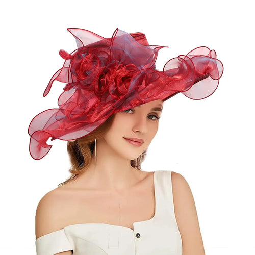 Women's Fascinators Organza Sun Hats Wide Brim Wedding Bride Tea Party Church