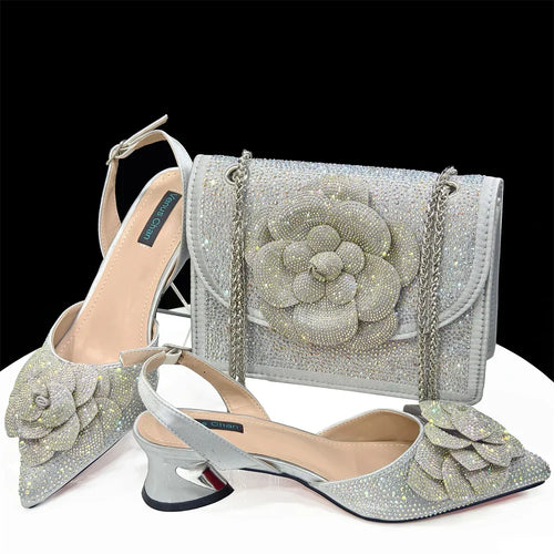 Women's Pointed-Toe Large Flower Decoration Rhinestone Low Heel Italian Shoes