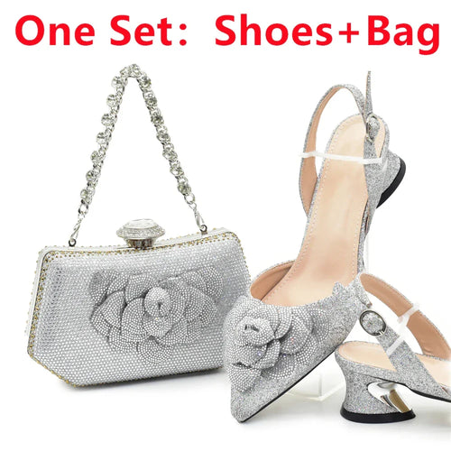 Women's Shoe and Bag Set Latest Luxury Italian Rhinstone Design for Wedding and