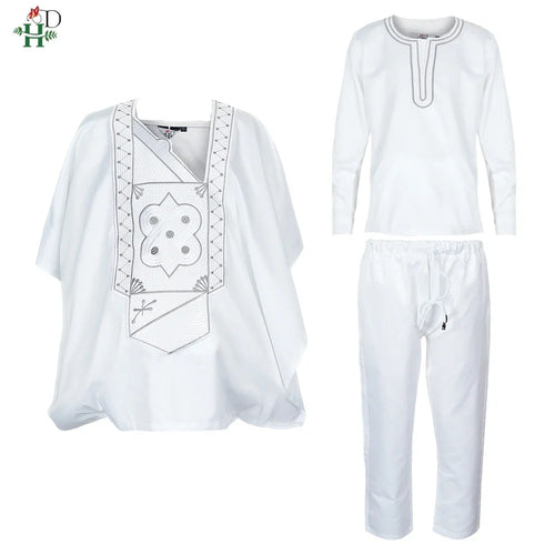 Boys White Blue Long Sleeve Tops Embroidery Dashiki Robe Shirt And Pant Set 3 PCS