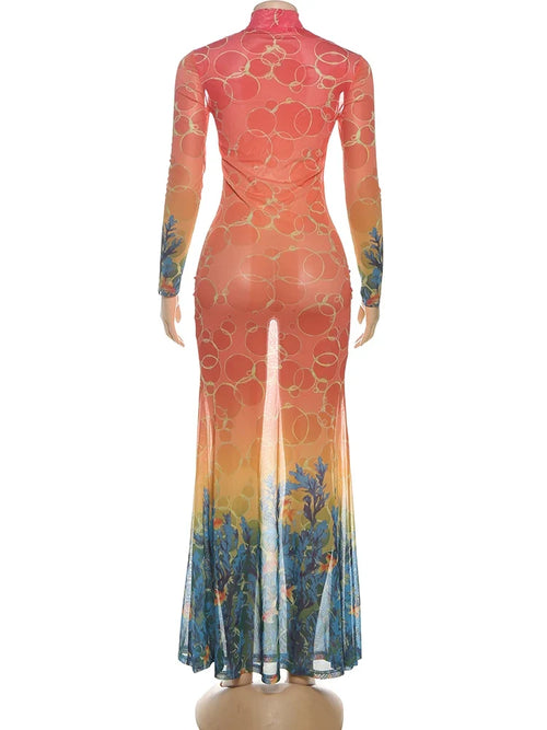 kliou Mesh Panelled Women Maxi Dress Sexy Stunning Point Print Full Sleeve O-neck Sheath Robe Mujer Hipster Festival Party Frock