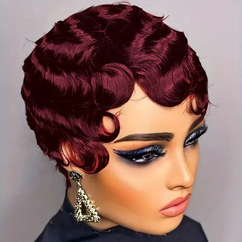 Women's Brown Short Ocean Pixie Wave 100% Human Hair Wig