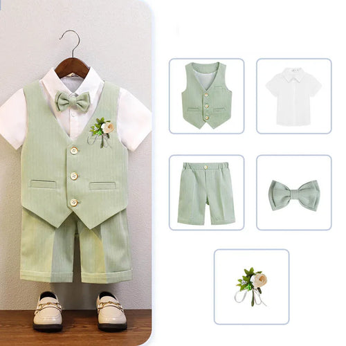 Children Green White Baptism Photography Suit Kids Vest Shirt Shorts Bowtie