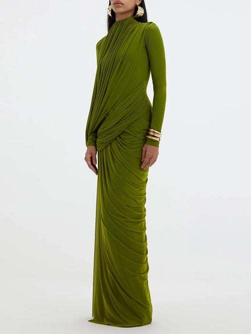 Women's Elegant Vintage Spliced Ribbon Turtleneck Long Sleeve Evening Maxi Dress