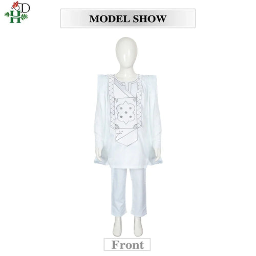Boys White Blue Long Sleeve Tops Embroidery Dashiki Robe Shirt And Pant Set 3 PCS