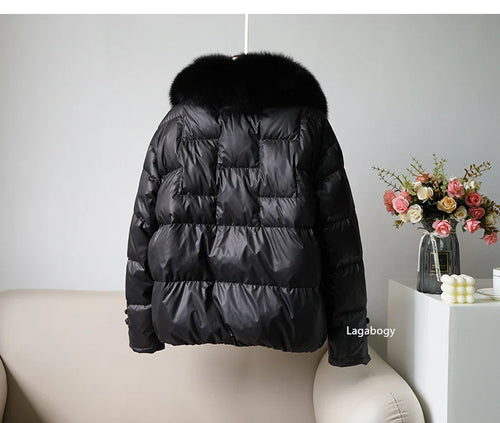 Women's White Duck down Jacket 2025 Winter Collection Real Faux Fur Collar Hair Puffer Coat Vintage Street wear