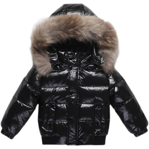 Kids Winter Down Jacket Real Faux Fur Waterproof Shiny Thick Warm Outerwear