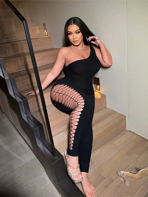 Women's Sexy One-Shoulder Black Jumpsuit with Fishnet Cutout Slim Fit Club Party Ankle-Length Polyester Nylon Blend