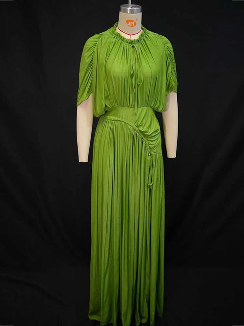 Elegant Olive Green Dress for Women Maxi Summer Dress Waist Draped Straight Type Pleated Party Dress Wholesale Dropshipping