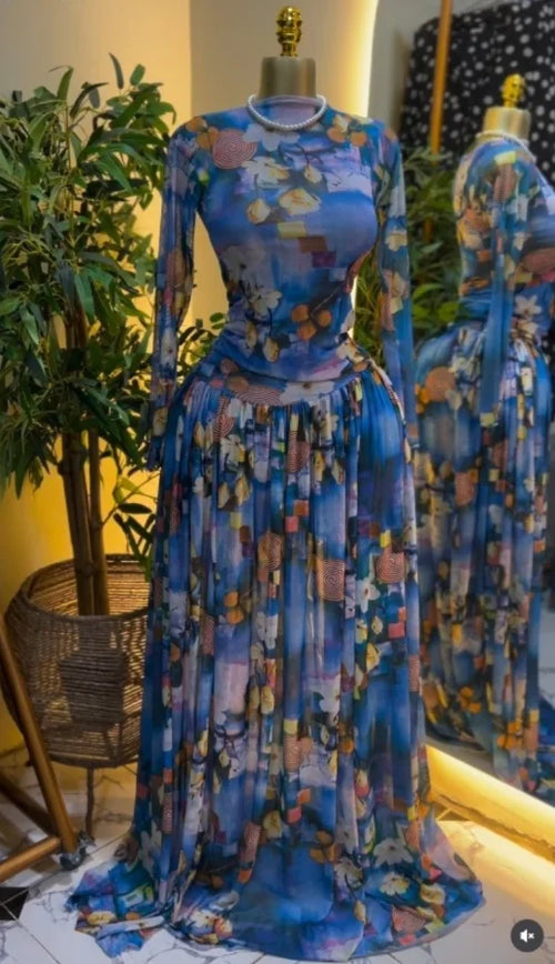 Women leaf Print patchwork smock Midi A-line Long Maxi Elegant Evening Dresses