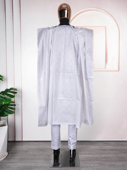 African Clothes for Men Traditional Rich Bazin Original Embroidery White Clothing Men 3 PCS Set Wedding Party Occasion 2024