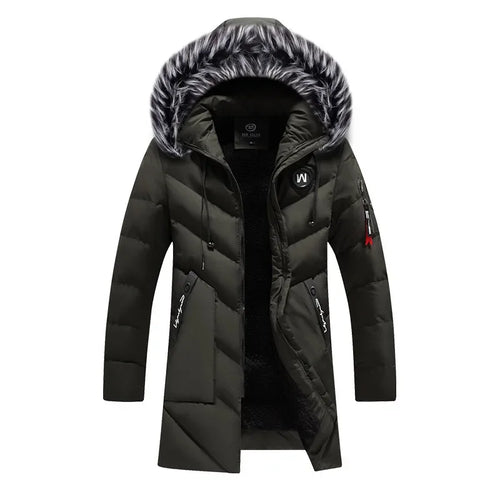 Men's Winter Thick Cotton Parka Casual Long Coat with Removable Hat Slim Fit Warm And Comfortable