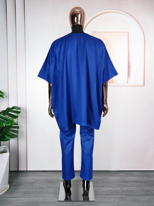 African Clothes for Men 2 Pieces Set Blue Embroidered Tops and Pants Traditional Clothing Rich Bazin