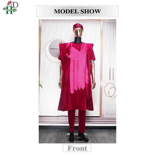 African Clothes for Men Clothing High-Quality Pink Embroidery With Hat Flannelette 3 Pcs Set