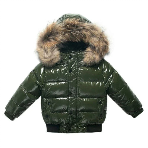 Kids Winter Down Jacket Real Faux Fur Waterproof Shiny Thick Warm Outerwear