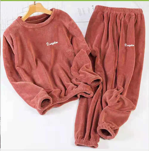 Double-Sided Coral Fleece Pajama Set Thickened Warm Leisure Wear for Autumn Winter Comfortable Polyester Sleepwear