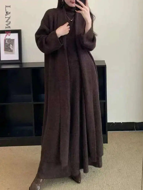 Elegant Knitted 3 Piece Set Women Long Cardigan Coat Sleeveless Vest High Waist A-line Long Skirt