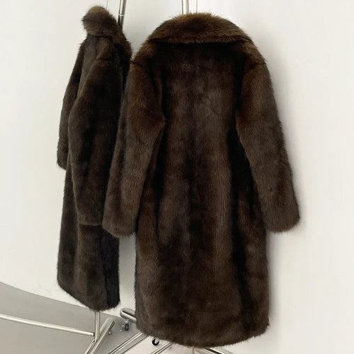 Women's Long Faux Fur Jacket European Style Lapel Casual Coat Eco-Friendly Covered Button Loose Fit Winter Warm