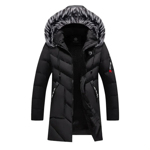Men's Winter Thick Cotton Parka Casual Long Coat with Removable Hat Slim Fit Warm And Comfortable