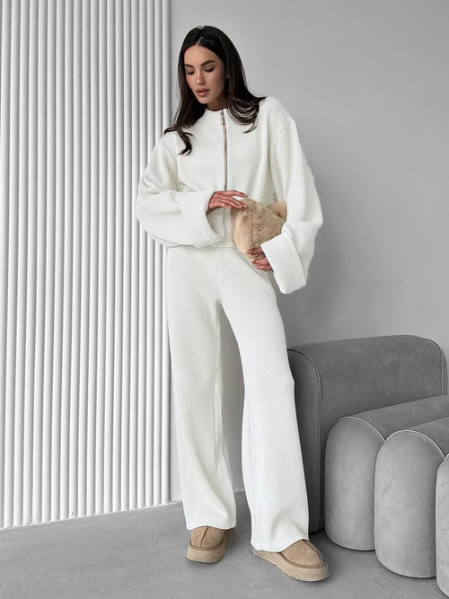 Women's Zip up Jacket And Wide Leg Pants Set Soft Knit Loose Long Sleeve Autumn Winter Casual Sweater Outfit