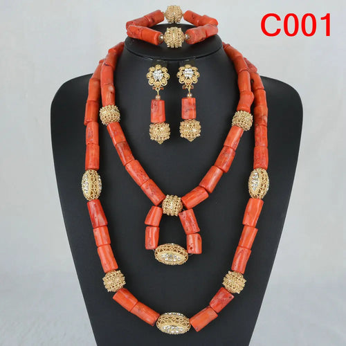Latest Coral Jewelry Sets Nigerian Dubai Orange Necklace Sets of Beads African