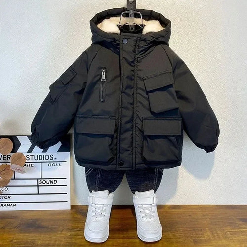 New Winter Down Cotton Jacket Boys Black Hooded Coat Children Outerwear