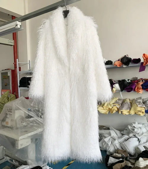 Faux Fur Jacket Women Long Coat Thick Fluffy Winter Warm Shaggy Overcoat Open Stitch Outerwear Turn Down Collar High Street